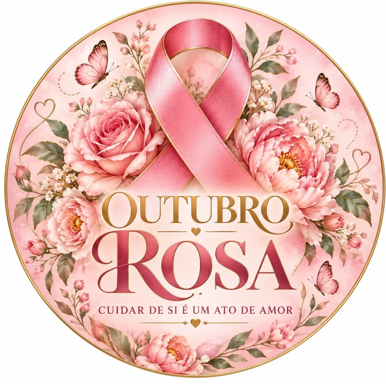 Painel Outubro Rosa redondo - Para imprimir — amostra 1: Painel Outubro Rosa com laço, flores e a mensagem “Cuidar de si é…