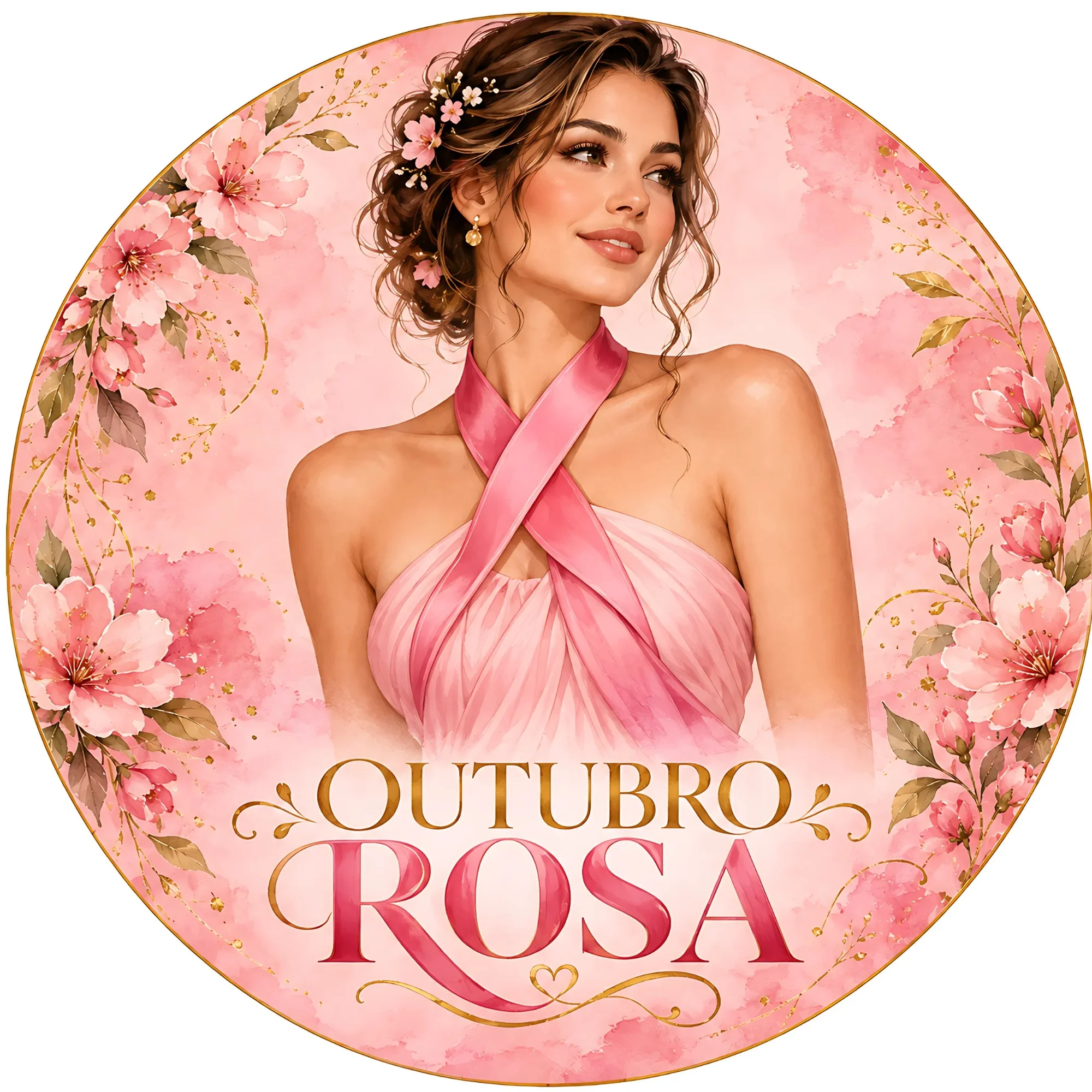 Painel Outubro Rosa redondo - Para imprimir — amostra 1: Painel Outubro Rosa com mulher, laço rosa e flores em uma… Painel Outubro Rosa redondo - Para imprimir — amostra 1: Painel Outubro Rosa com mulher, laço rosa e flores em uma…