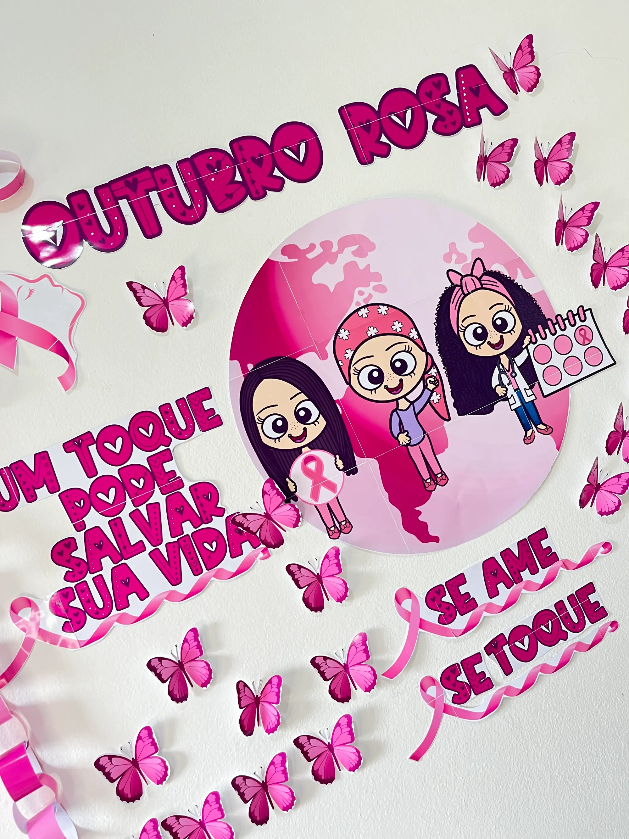Painel Outubro Rosa – Se Ame, Se Toque — amostra 3: Painel Outubro Rosa com mensagens de autocuidado, prevenção e…