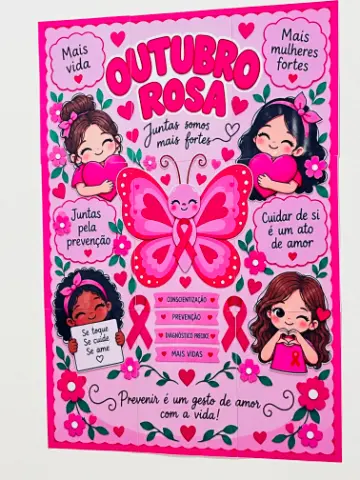 Painel Outubro Rosa — amostra 1: Painel Outubro Rosa com ilustrações femininas, borboleta e laços rosas, criado para…