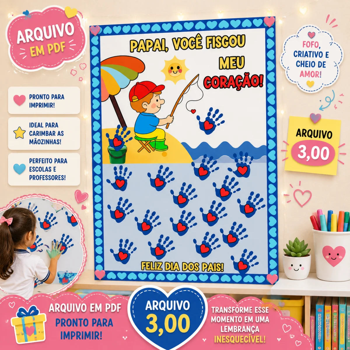 ✨ PAINEL"PAPAI, VOCÊ FISGOU MEU CORAÇÃO!" — Datas comemorativas para Educação Infantil: 🎣💙 NOVIDADE PARA O DIA DOS PAIS