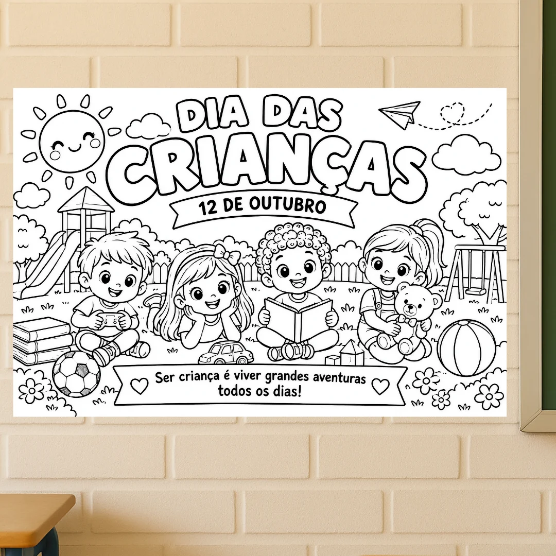 Painel para Colorir Dia das Crianças (8 e 18 Folhas A4) + folha a4 — amostra 2: Conteúdo e Formato Painel para Colorir Dia das Crianças (8 e 18 Folhas A4) + folha a4 — amostra 2: Conteúdo e Formato