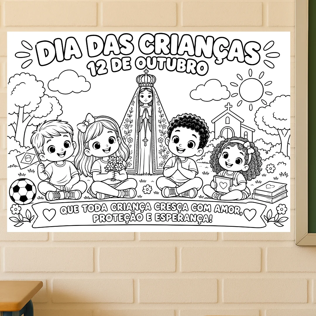 Painel para Colorir Dia das Crianças e Nossa Senhora Aparecida em PDF — amostra 2: Conteúdo e Formato