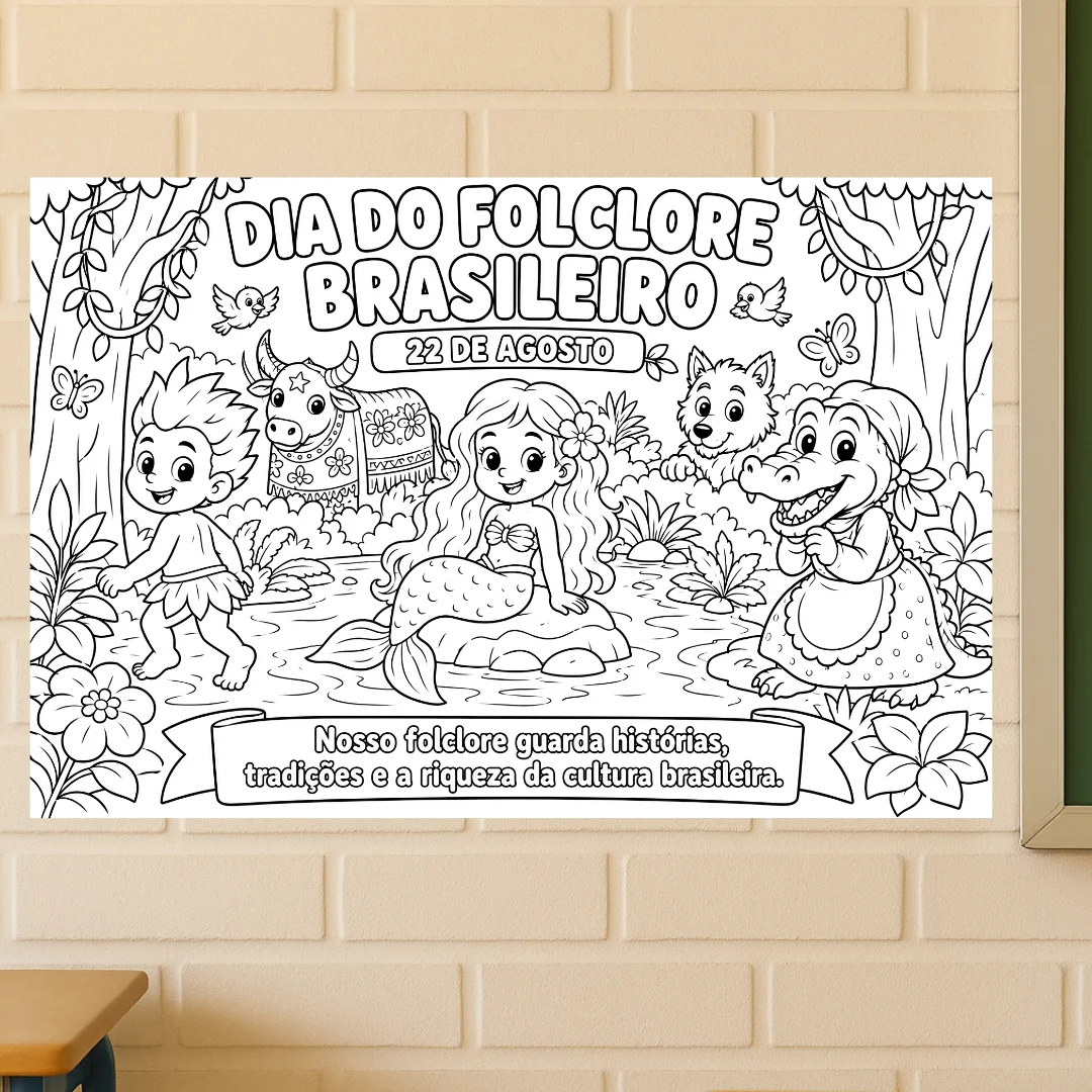 Painel para Colorir – Dia do Folclore Brasileiro (8 ou 18 Folhas A4) — amostra 1: Celebre o Dia do Folclore Brasileiro (22…