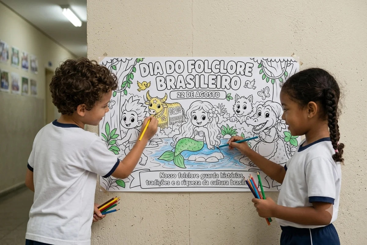 Painel para Colorir – Dia do Folclore Brasileiro (8 ou 18 Folhas A4) — amostra 2: Celebre o Dia do Folclore Brasileiro (22…