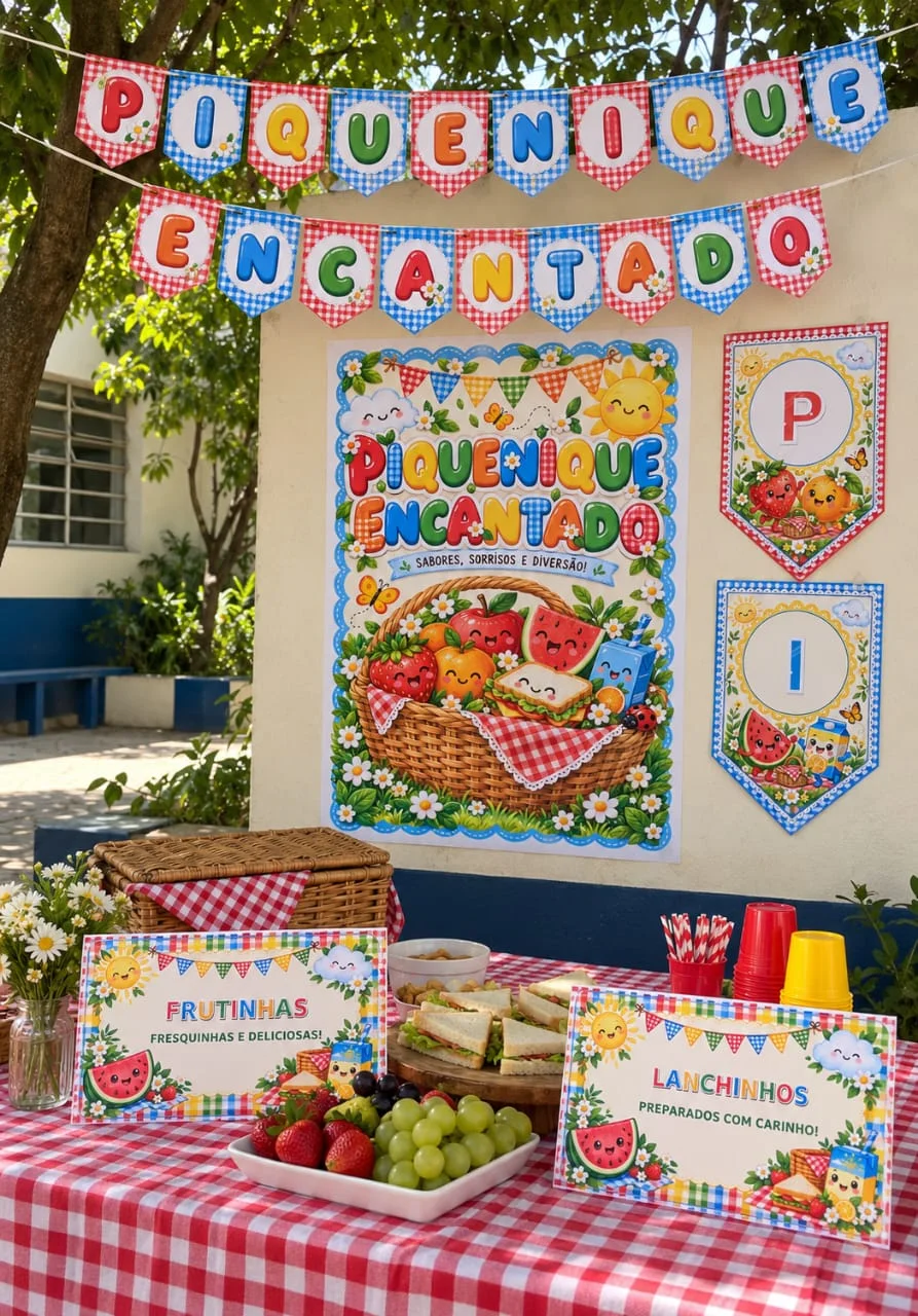 Painel Piquenique Escolar Decoração Festa PDF — amostra 3: Kit Piquenique Encantado com painel ampliado, toppers,…