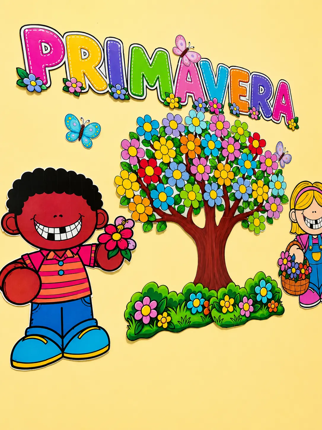 Painel Primavera para Decoração da Sala de Aula — amostra 1: Painel colorido de Primavera com árvore florida, personagens,…