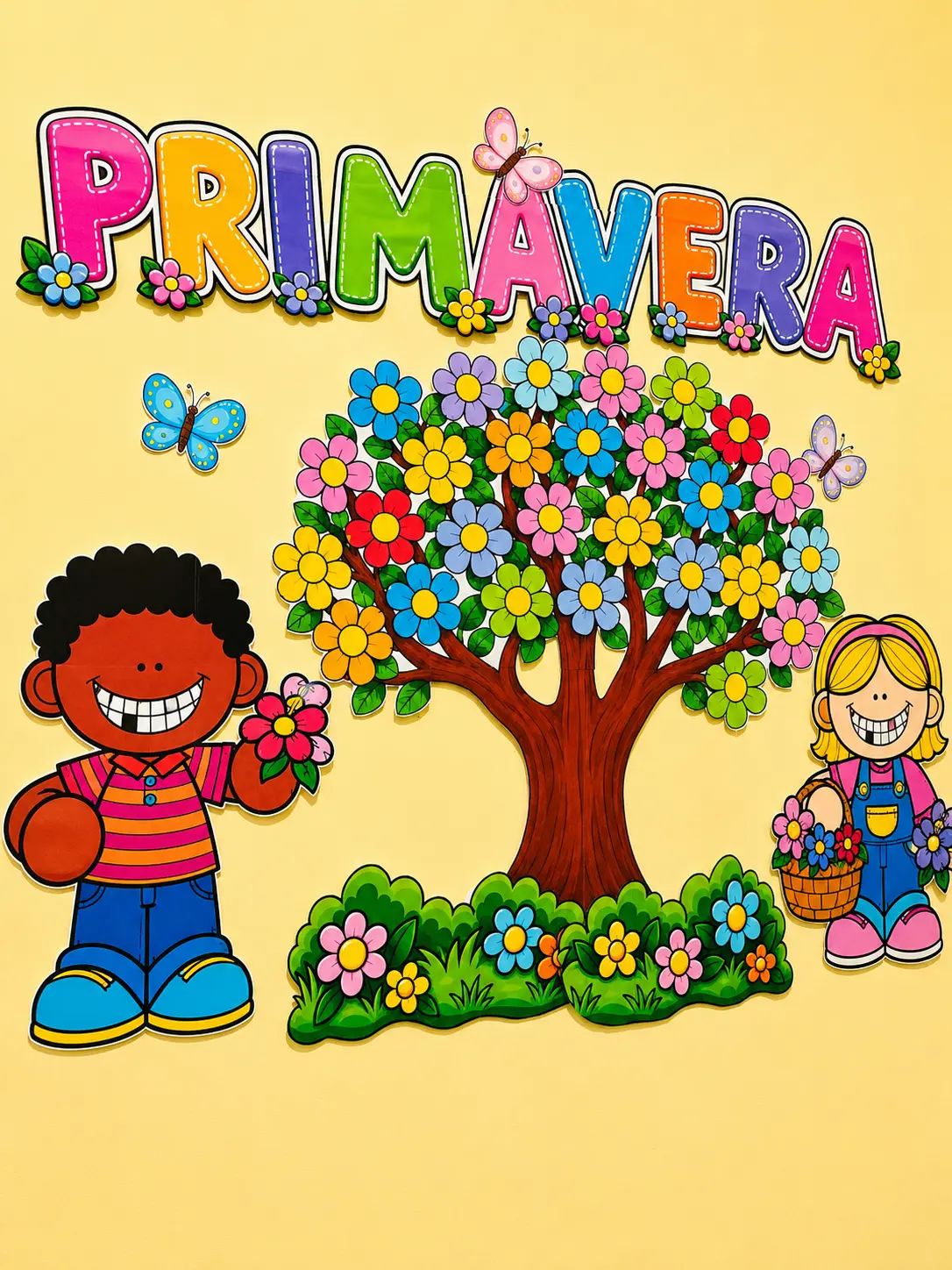 Painel Primavera para Decoração da Sala de Aula — amostra 2: Painel colorido de Primavera com árvore florida, personagens,…