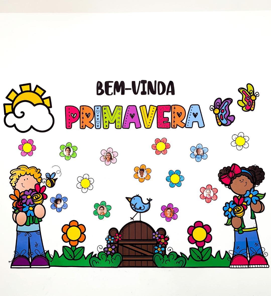 Painel Primavera para Imprimir com Flores para Colorir — amostra 1: Painel Primavera para construir com a turma