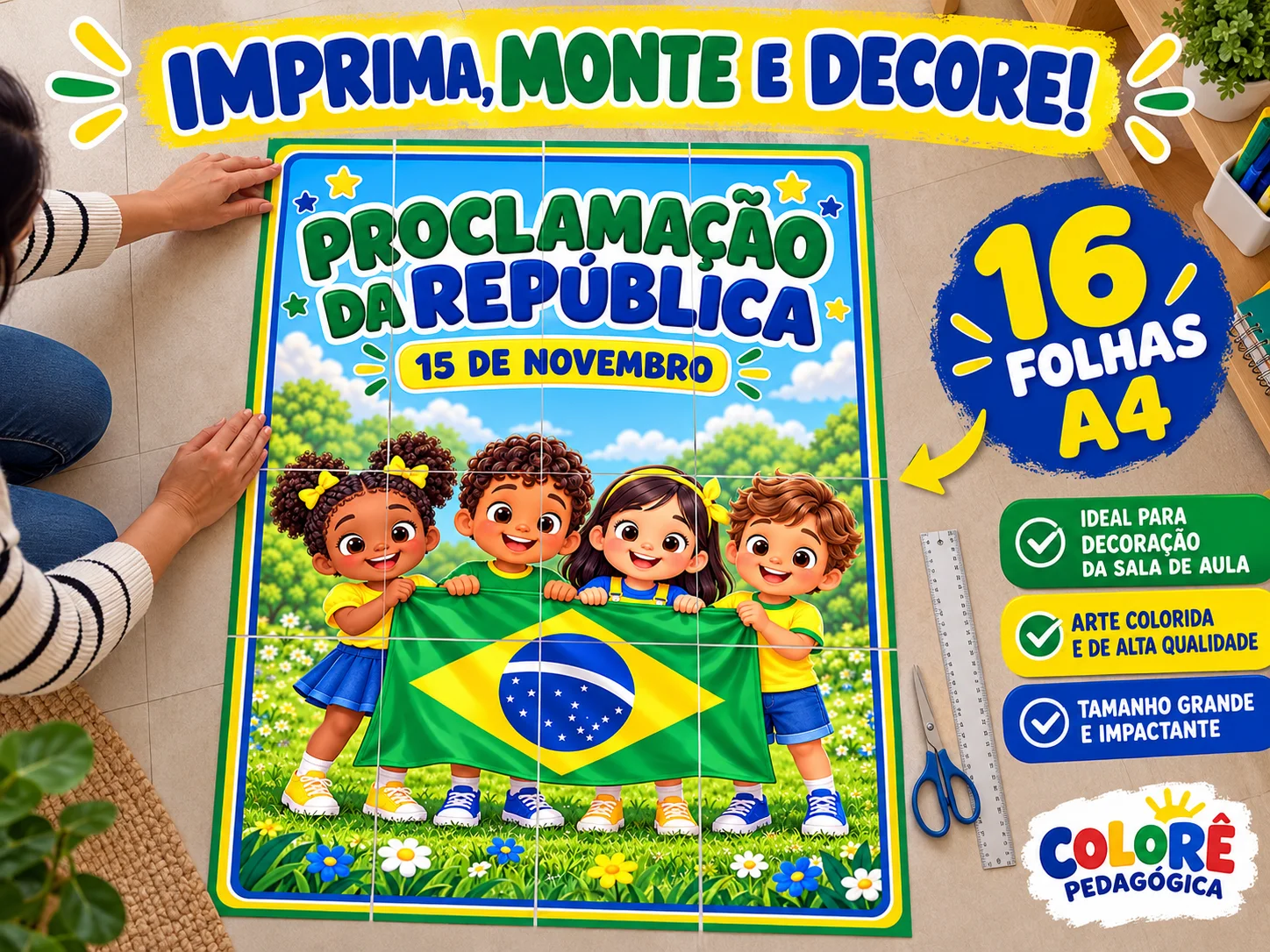 Painel Proclamação da República 16 Folhas A4 Decoração Ed. Infantil — amostra 2: Com personagens infantis de traços…
