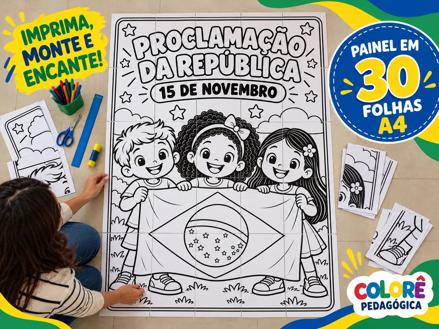 Painel Proclamação da República para Colorir 30 Folhas A4 Ed Infantil — amostra 2: Com ilustrações infantis e contornos…
