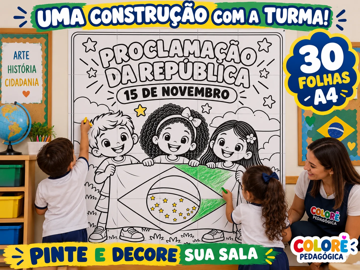 Painel Proclamação da República para Colorir 30 Folhas A4 Ed Infantil — amostra 3: Com ilustrações infantis e contornos…