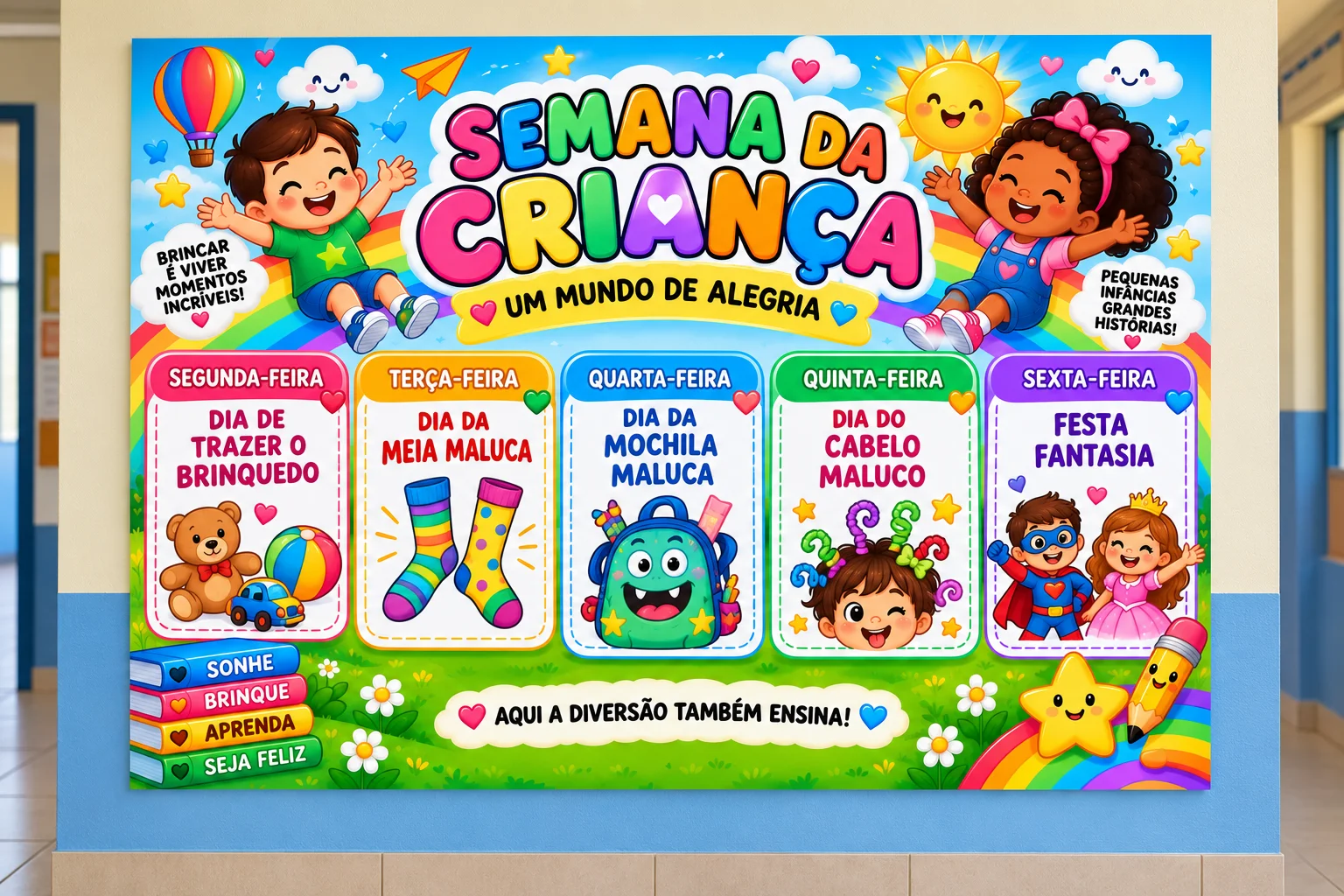 Painel Programação – Semana Da Criança Um Mundo de Alegria — amostra 4: 📄 FORMATO: PDF pronto para imprimir, montar e…