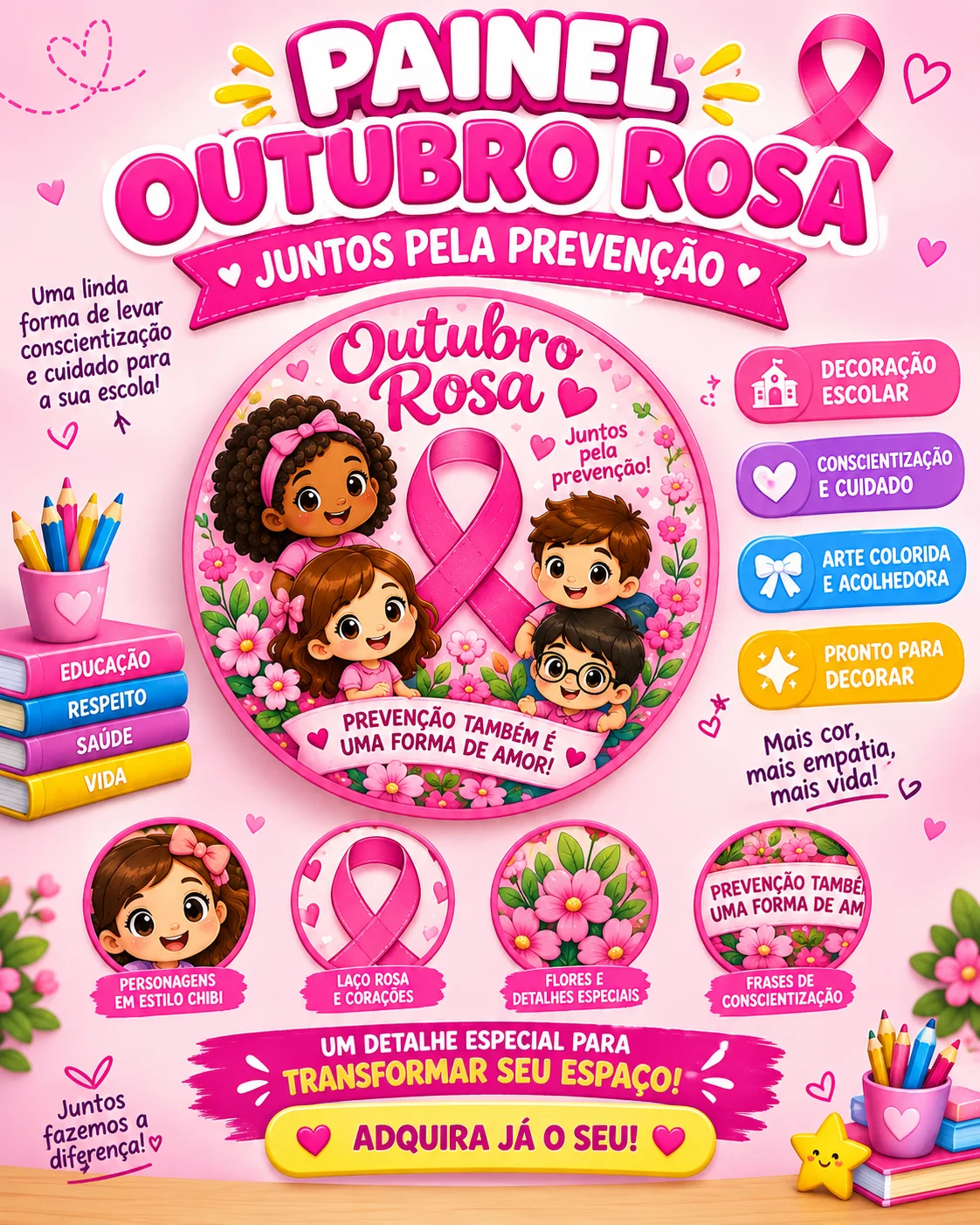 Painel Redondo Outubro Rosa – Juntos pela Prevenção — Datas comemorativas para Educação Infantil: 💗 Painel Outubro Rosa…