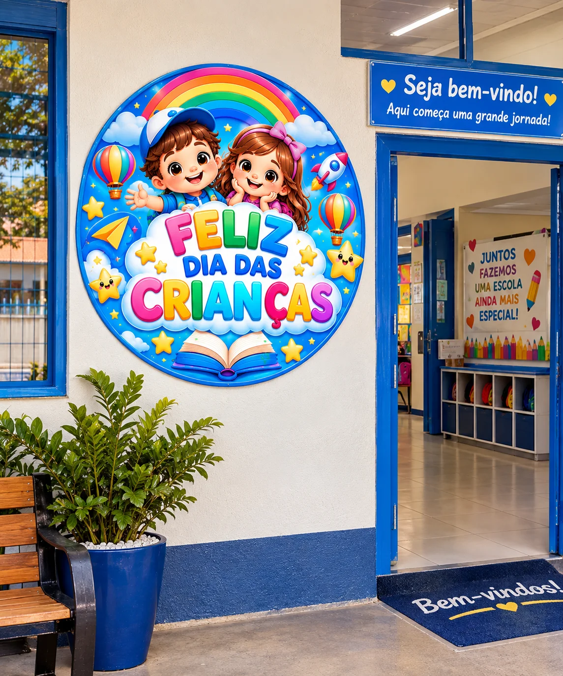 Painel redondo tema Feliz Dia das Crianças, com ilustração colorida — amostra 2: Painel Dia das Crianças, com ilustração…