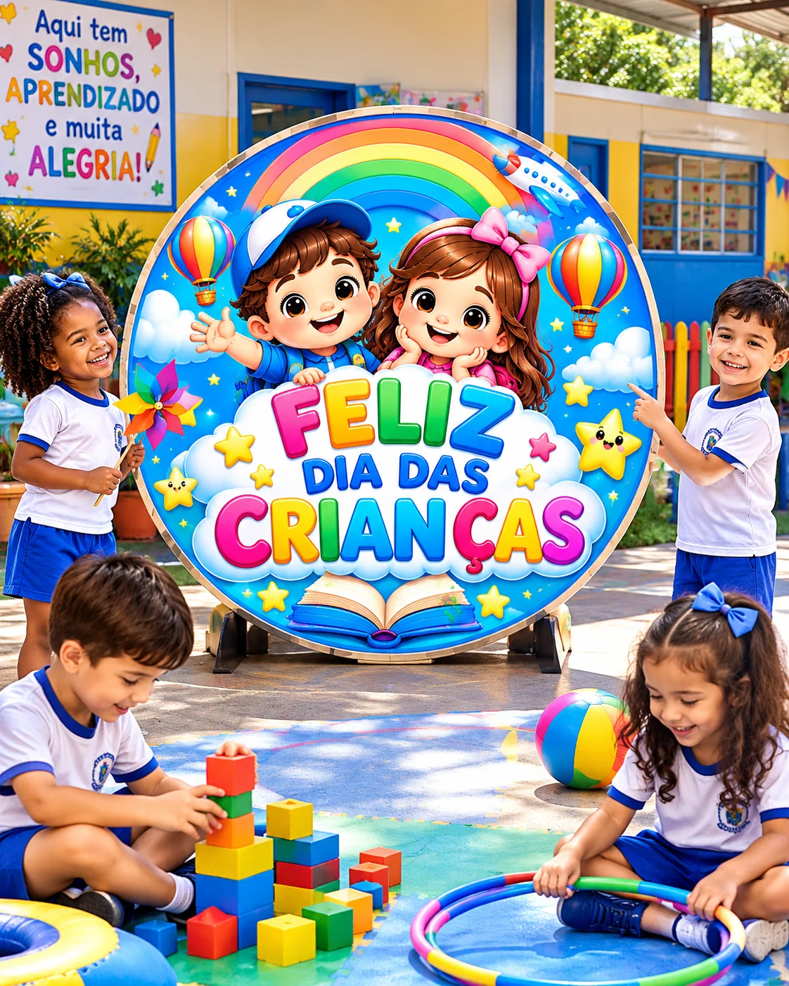 Painel redondo tema Feliz Dia das Crianças, com ilustração colorida — Datas comemorativas para Educação Infantil: Painel…