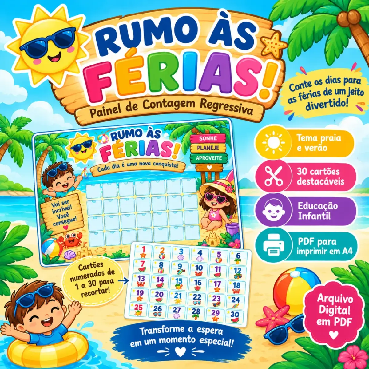 Painel Rumo às Férias – Contagem Regressiva com Cartões Destacáveis — Matemática para Educação Infantil: Painel Rumo às…