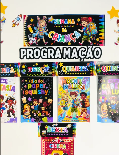 Painel Semana da Criança – Decoração Escolar Lúdica e Divertida — amostra 2: Prepare uma semana inteira de diversão,… Painel Semana da Criança – Decoração Escolar Lúdica e Divertida — amostra 2: Prepare uma semana inteira de diversão,…