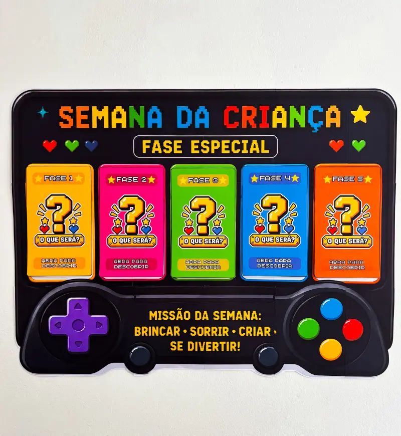 Painel Semana da Criança: Game com 5 Fases Editáveis no Canva — amostra 1: Painel Semana da Criança com proposta de game
