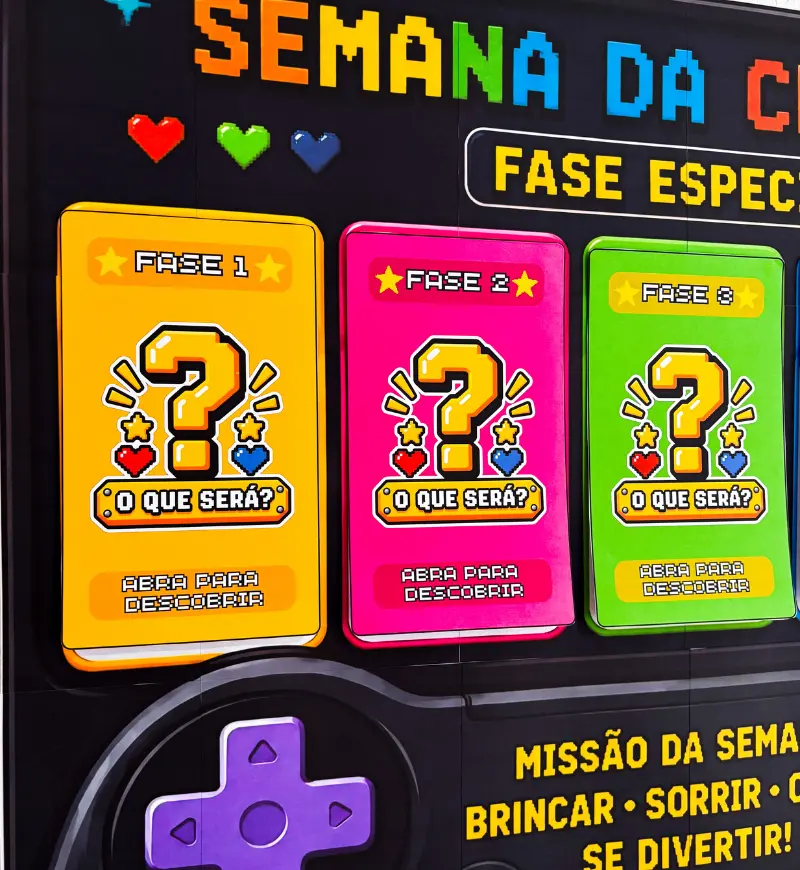 Painel Semana da Criança: Game com 5 Fases Editáveis no Canva — amostra 2: O que vem no material