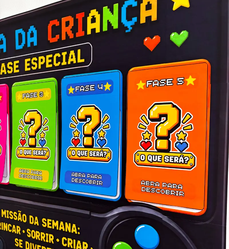 Painel Semana da Criança: Game com 5 Fases Editáveis no Canva — amostra 6: Organize a Semana da Criança com um painel…