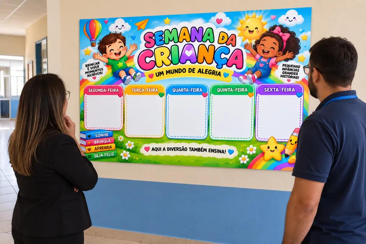 Painel Semana da Criança – Programação em PDF — amostra 2: Painel Semana da Criança com programação de segunda a sexta-feira