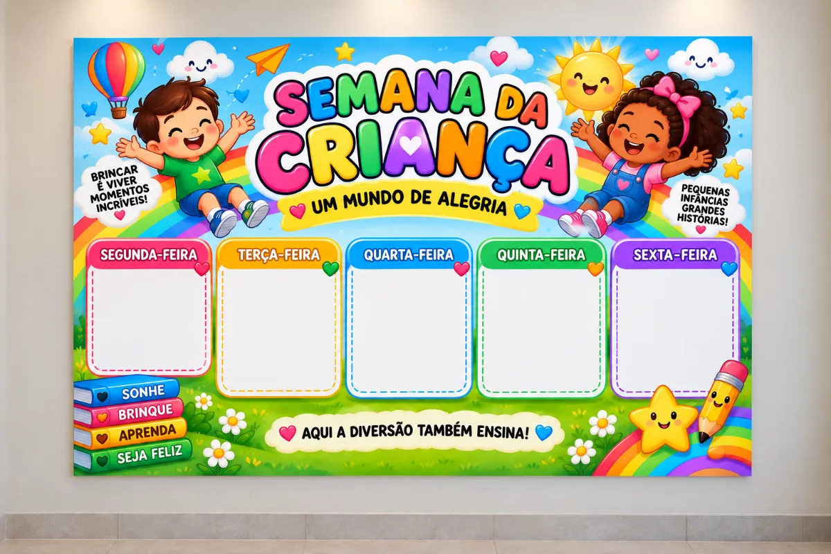 Painel Semana da Criança – Programação em PDF — amostra 4: Painel Semana da Criança com programação de segunda a sexta-feira