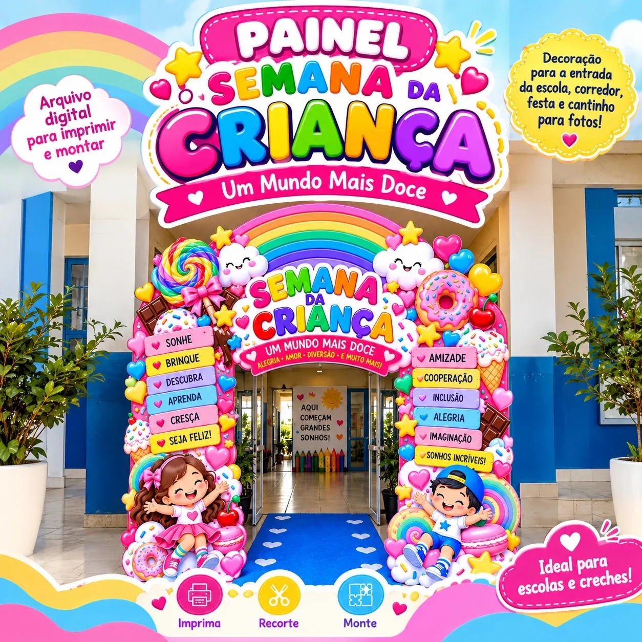 Painel Semana da Criança – Um Mundo Mais Doce — Datas comemorativas para Educação Infantil: Decore a entrada da escola com…