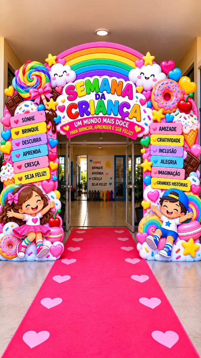 Painel Semana da Criança – Um Mundo Mais Doce — amostra 3: 🍬 TRANSFORME A ENTRADA DA ESCOLA EM UM MUNDO MAIS DOCE