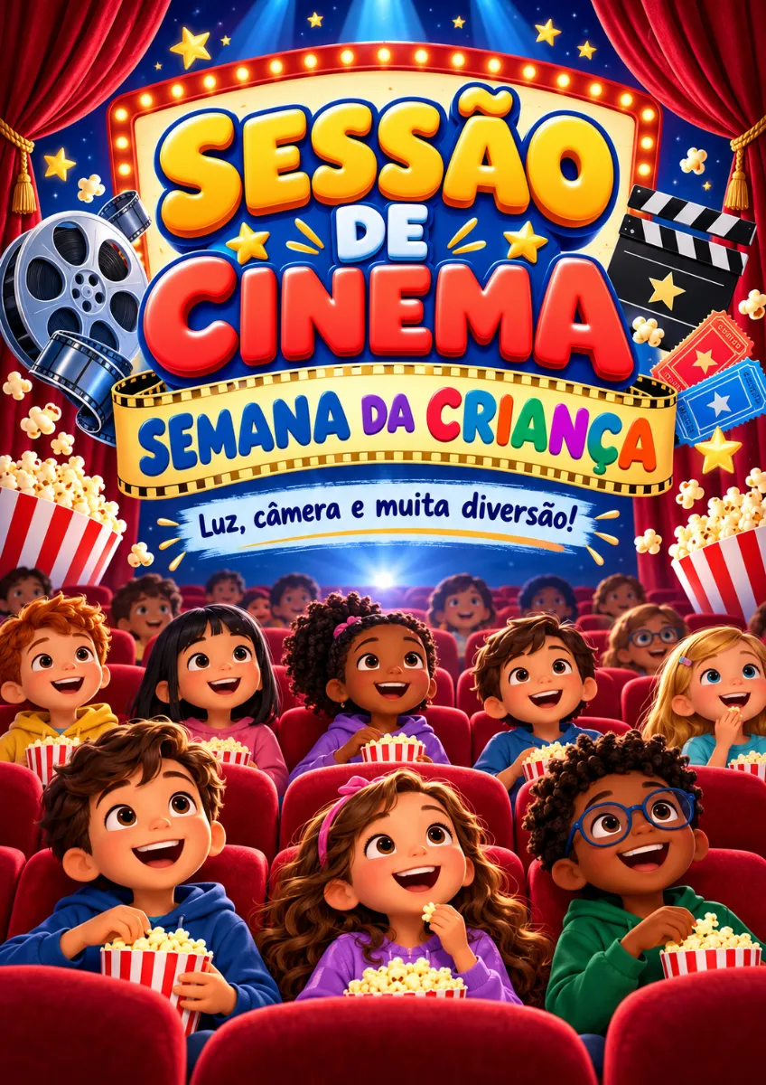 Painel Sessão de Cinema – Semana da Criança | 16, 36 e 49 Folhas A4 — amostra 1: Prepare a pipoca e crie um momento cheio…