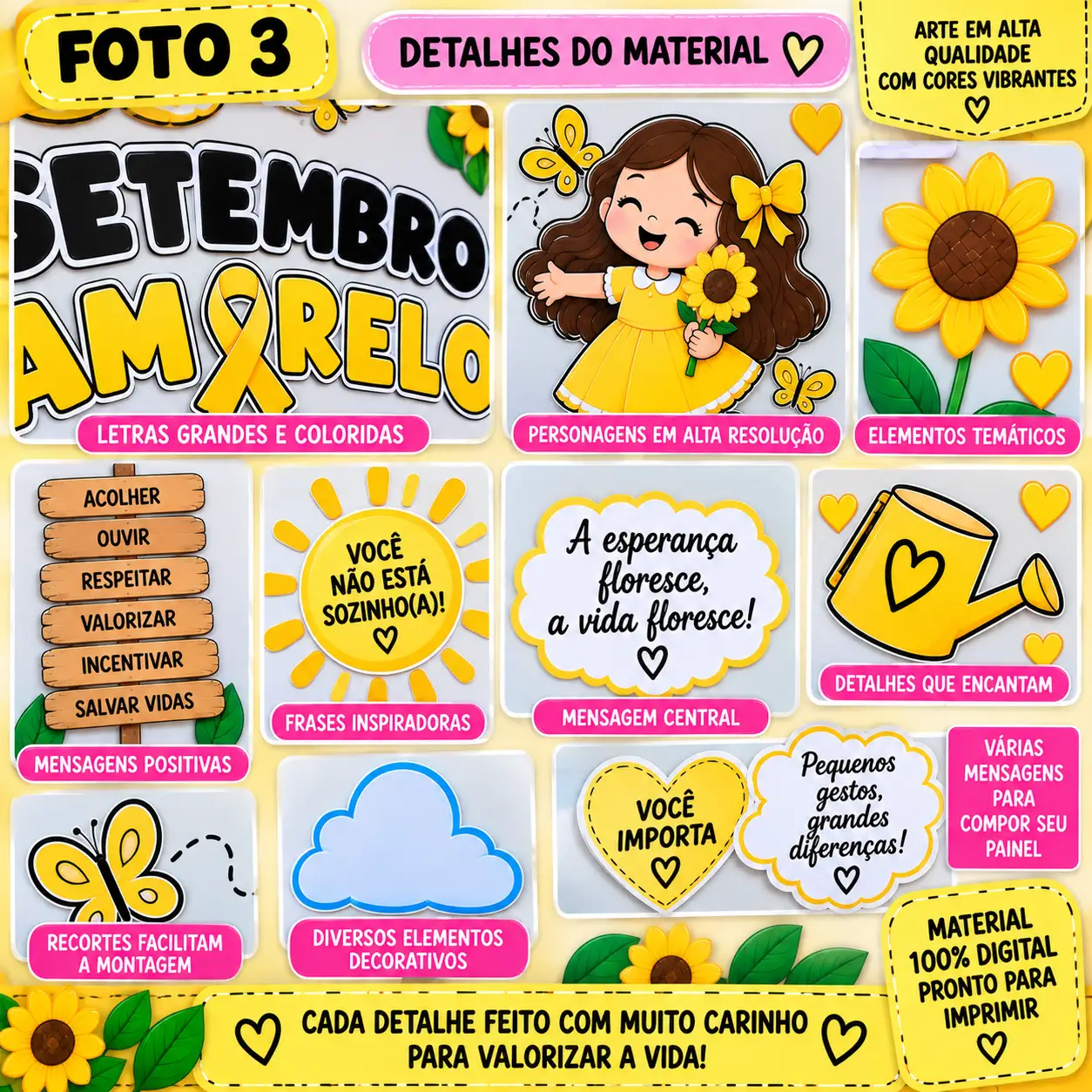 Painel Setembro Amarelo – A Esperança Floresce — amostra 2: Painel Setembro Amarelo com mensagem de valorização da vida