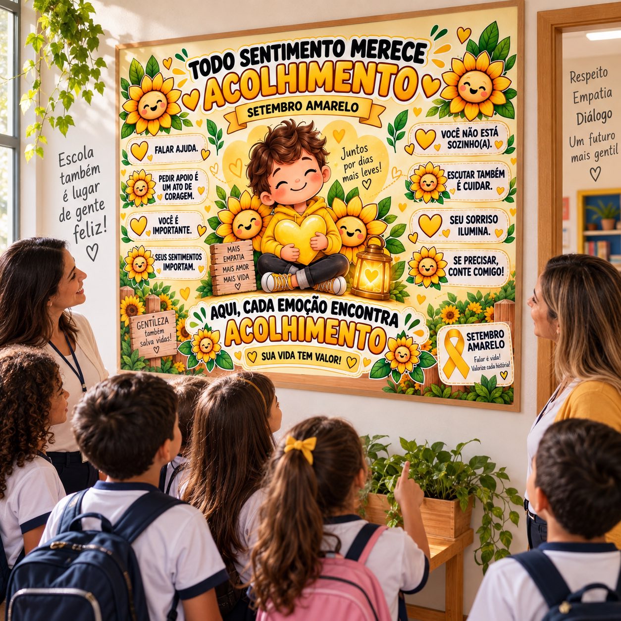 Painel Setembro Amarelo Acolhimento – 20 folhas — amostra 1: Painel ampliado do Setembro Amarelo com frases de acolhimento,…