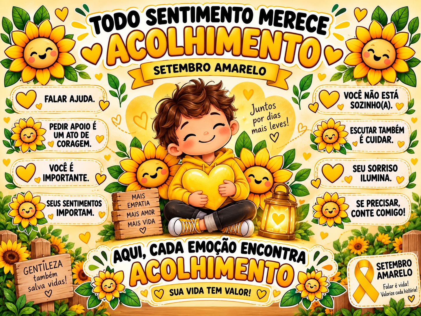 Painel Setembro Amarelo Acolhimento – 20 folhas — amostra 2: Painel ampliado do Setembro Amarelo com frases de acolhimento,…