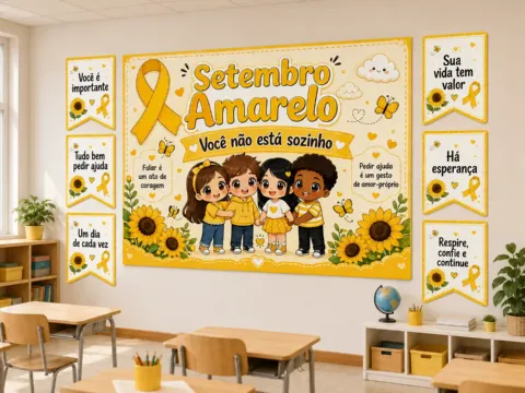 Painel Setembro Amarelo Escolar para Imprimir — amostra 2: Kit Setembro Amarelo em PDF com painel ampliado e 6 plaquinhas…