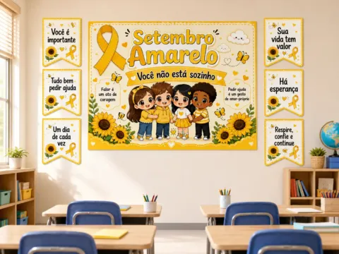 Painel Setembro Amarelo Escolar para Imprimir — amostra 5: Kit Setembro Amarelo em PDF com painel ampliado e 6 plaquinhas…