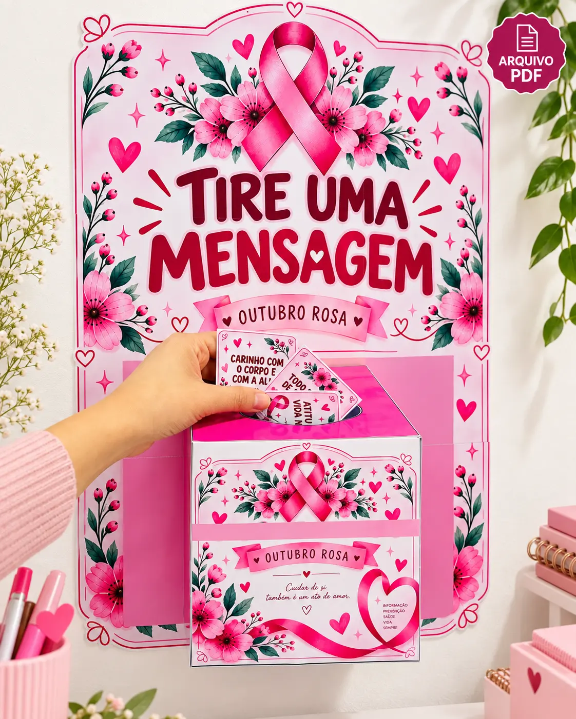 Painel Tire uma Mensagem Outubro Rosa – Arquivo PDF — amostra 1: Painel interativo do Outubro Rosa com caixa e mensagens de…