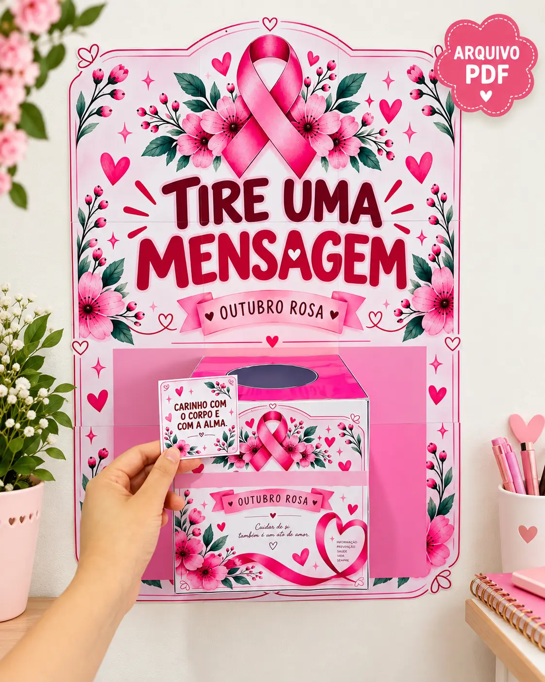 Painel Tire uma Mensagem Outubro Rosa – Arquivo PDF — amostra 2: Painel interativo do Outubro Rosa com caixa e mensagens de…