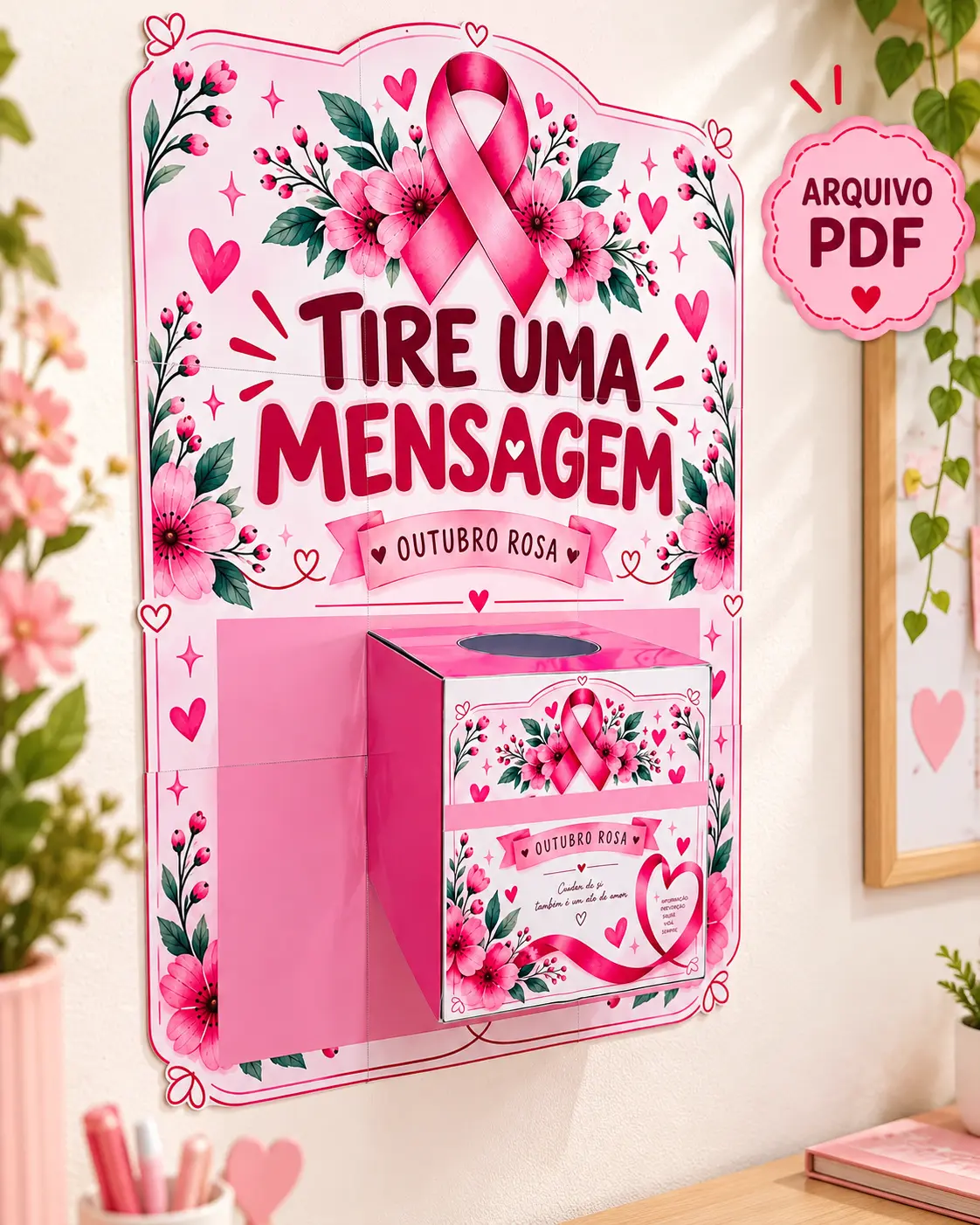 Painel Tire uma Mensagem Outubro Rosa – Arquivo PDF — amostra 3: Painel interativo do Outubro Rosa com caixa e mensagens de…