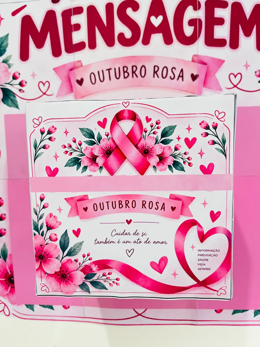 Painel “Tire uma Mensagem” – Outubro Rosa — amostra 2: Painel interativo de Outubro Rosa com caixa para retirar mensagens…