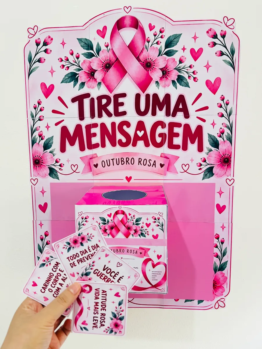 Painel “Tire uma Mensagem” – Outubro Rosa — amostra 5: Painel interativo de Outubro Rosa com caixa para retirar mensagens…