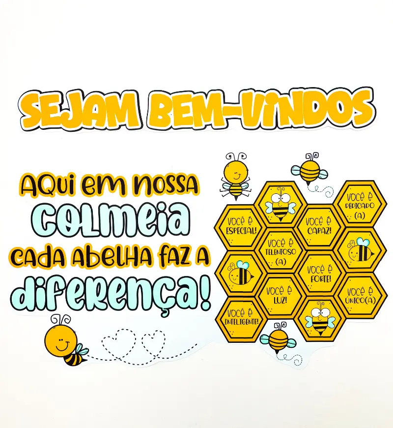 Painel Volta às Aulas Colmeia para Acolher a Equipe Escolar — amostra 1: Painel volta às aulas: acolhimento com tema colmeia