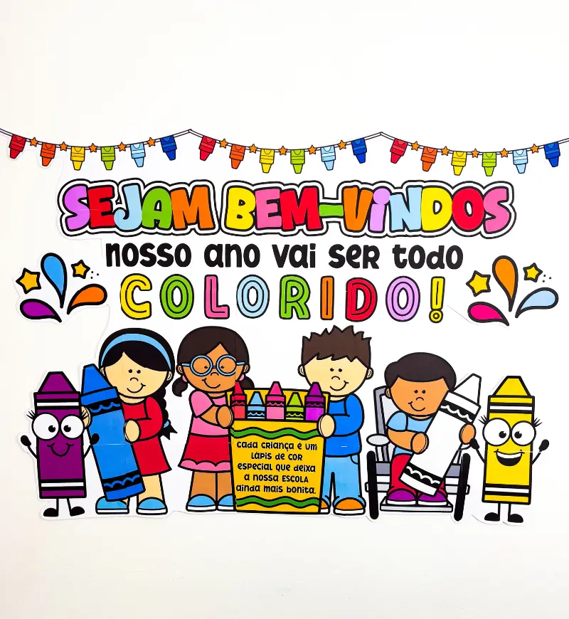 Painel Volta às Aulas Colorido em PDF para Imprimir — amostra 1: Painel volta às aulas para uma recepção colorida