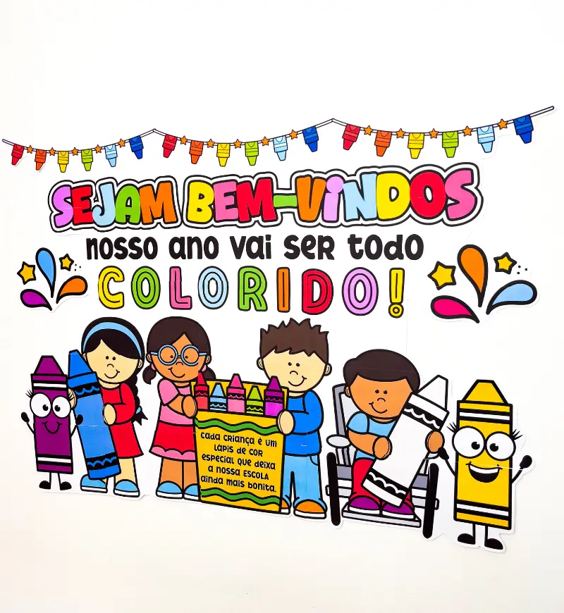 Painel Volta às Aulas Colorido em PDF para Imprimir — amostra 5: Prepare uma recepção acolhedora com um painel colorido de…