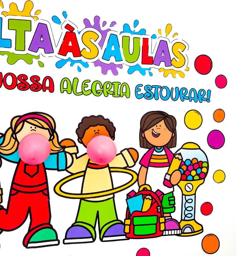 Painel Volta às Aulas com Tema Chiclete em PDF — amostra 5: Receba a turma com uma decoração colorida de chiclete