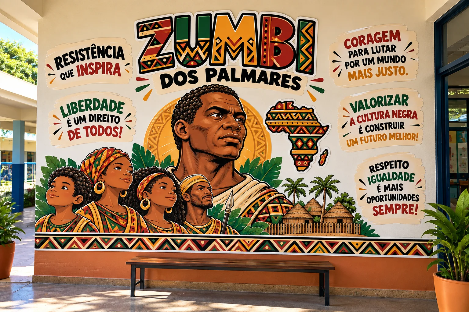 Painel Zumbi dos Palmares – Consciência Negra — amostra 2: Painel decorativo de Zumbi dos Palmares com ilustrações e frases…