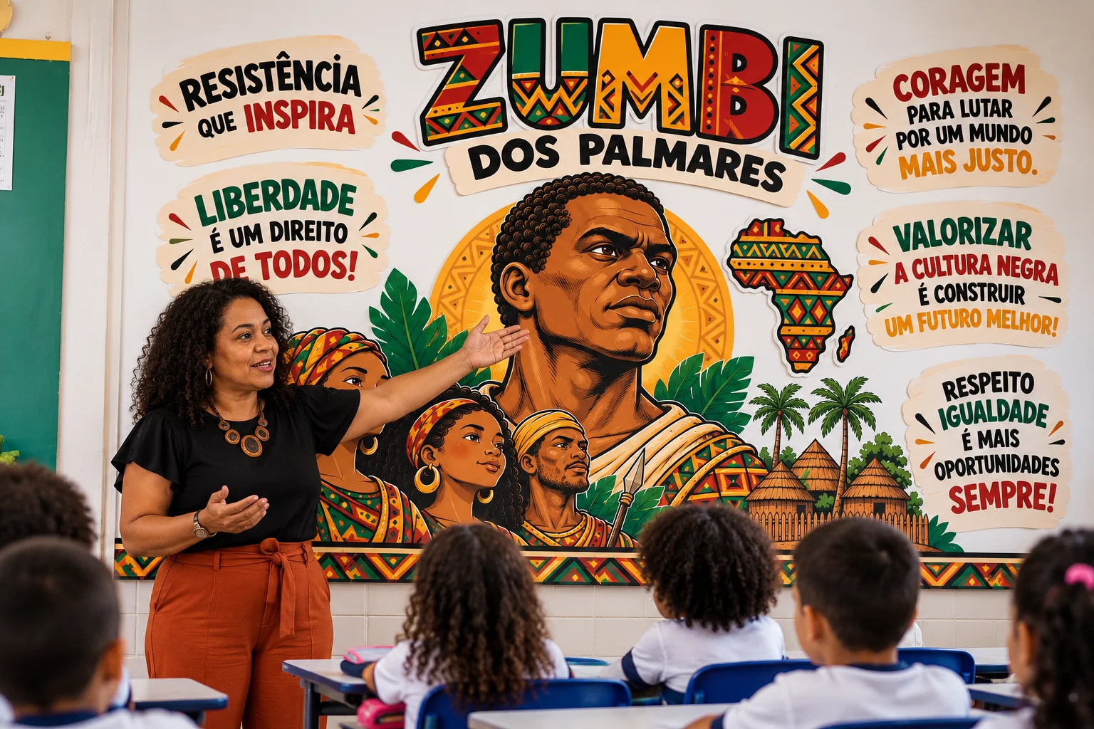 Painel Zumbi dos Palmares – História e Resistência — amostra 1: Painel digital sobre Zumbi dos Palmares, resistência negra,…