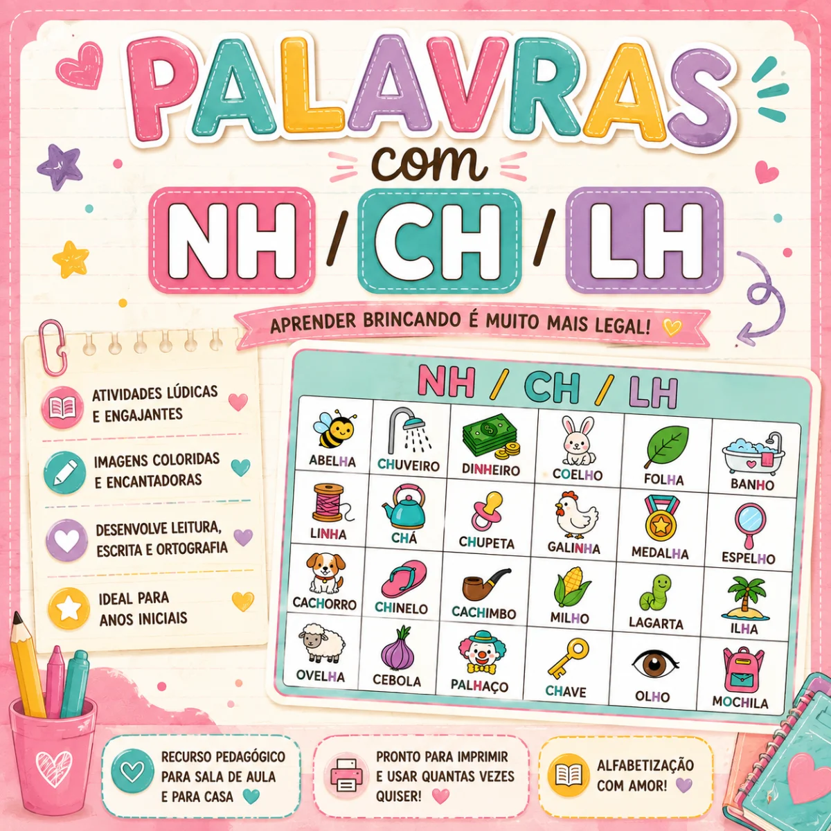 Palavras com NH, CH e LH – Atividade de Alfabetização — Alfabetização para Educação Infantil: Palavras com NH, CH e LH:…