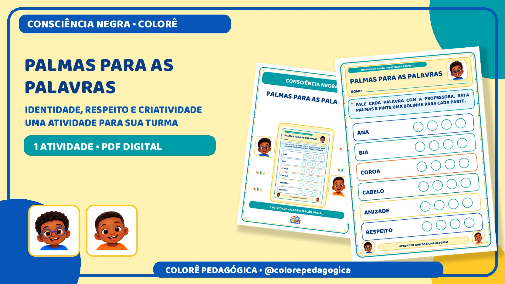 Palmas para as palavras | Consciência Negra — amostra 3: Atividade para explorar sílabas com palmas e pintura de bolinhas…