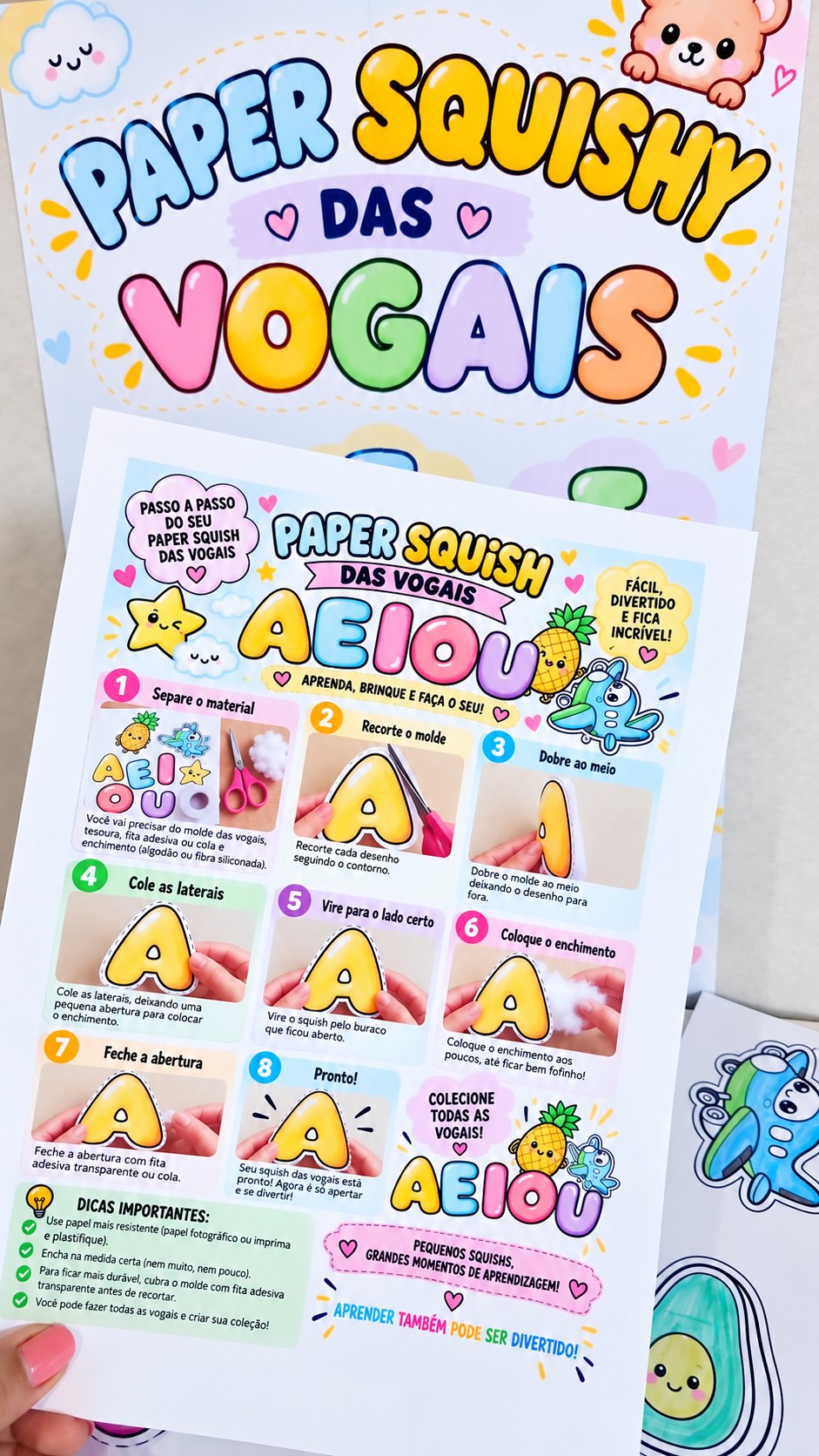 Paper Squishy das Vogais – Kit de Alfabetização para Anos Iniciais — amostra 3: Kit pedagógico lúdico com paper squishys…