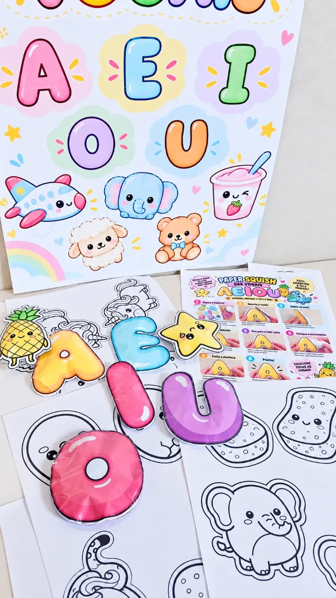 Paper Squishy Das Vogais– Kit Lúdico Para Educação Infantil — amostra 3: 🔤 Paper Squishys das vogais A, E, I, O e U; 🎨…